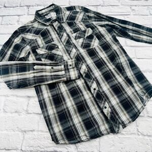 RECLAIM Men's Standard Pearl Snap Shirt Medium Black White Plaid Long Sleeve